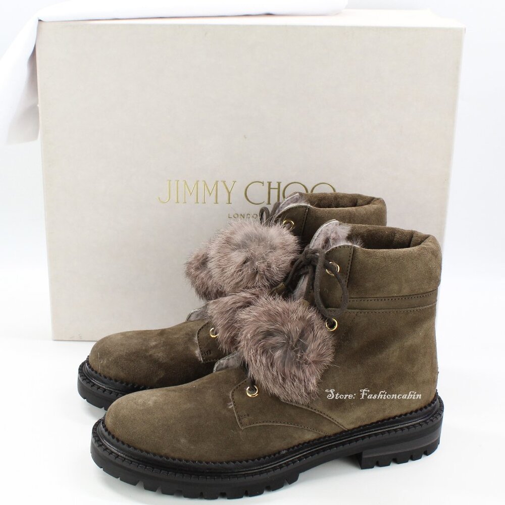 NEW JIMMY CHOO Pom-Pom Suede Fur | Cozy Cold Weather Suede Lace-Up Boots/Booties
